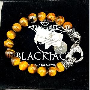 Blackjack BJS16BTE Men's Genuine 10mm Tiger Eye Stainless Steel Beaded Bracelet